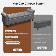 55 Inch Bedroom Bench, End of Bed Bench with Storage, Bed Benches for Foot of Bed, Faux Leather Window Bench with Rolled Arms, Upholstered Storage Bench with Tufted Button and Nailhead Trim, Gray