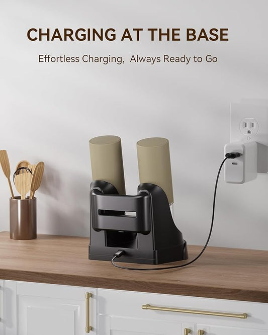 Electric Salt and Pepper Grinder Set with Dual Charging Base, 6 Adjustable Coarseness Levels & External Grind Settings, One-handed Operation Salt and Pepper Mills with LED Light,Brown