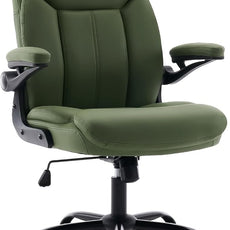 Office Chair, Ergonomic Computer Chair with Flip-up Arms Home Desk Chairs Comfy PU Leather Executive Mid Back Support Adjustable Height Tilt Lock Swivel Rolling Wheels, Green