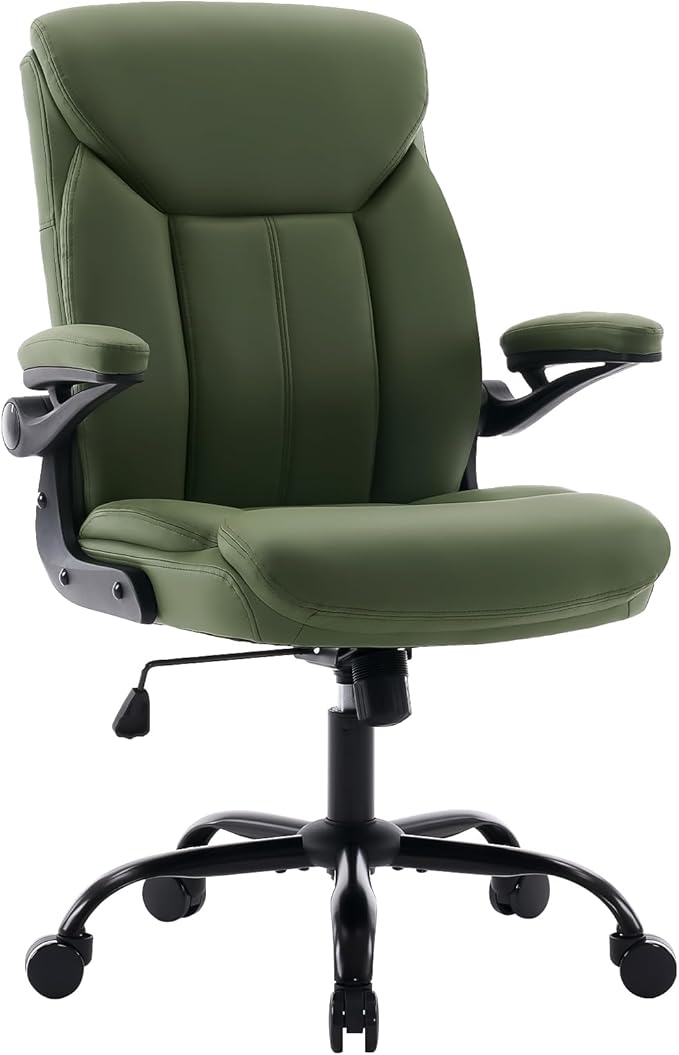 Office Chair, Ergonomic Computer Chair with Flip-up Arms Home Desk Chairs Comfy PU Leather Executive Mid Back Support Adjustable Height Tilt Lock Swivel Rolling Wheels, Green