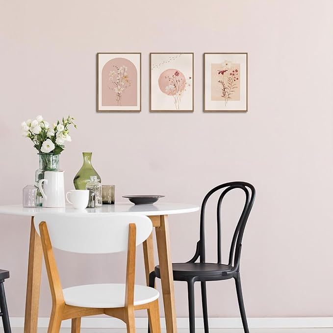 KISSFOX 3 Piece Framed Wall Art Botanical Wall Decor Pink Flower Pictures Wildflowers Canvas Art Watercolor Floral Paintings Minimalist Boho Artwork for Living Room Bedroom Office