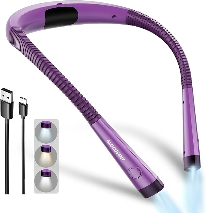 Glocusent Book Light, 3-Color & 6-Brightness Reading Light, Bendable Neck Light, 80-hr Lasting Rechargeable Book Light, Perfect Reading Lights for Books in Bed, Knitting, Repairing, Book Lovers Gifts