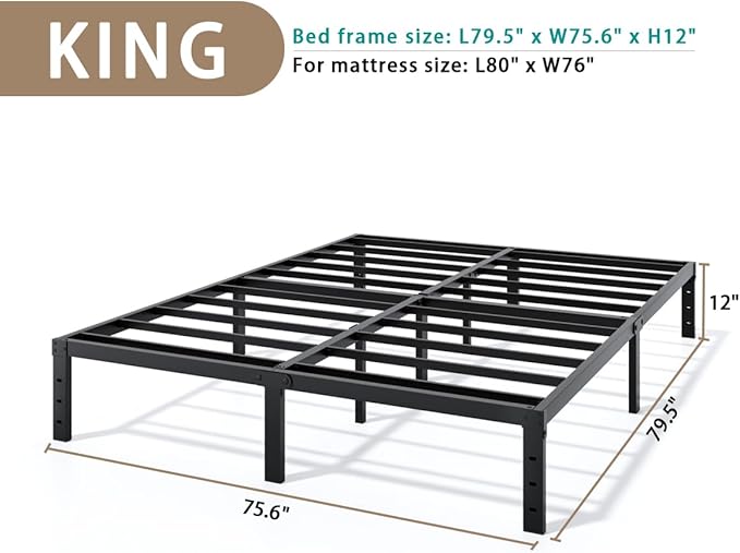 Metal Bed Frame King Size - 12 Inch Heavy-Duty King Platform Bed Frame No Box Spring Needed, Easy Assembly, Noise-Free, Sturdy Mattress Foundation, Underbed Storage Space