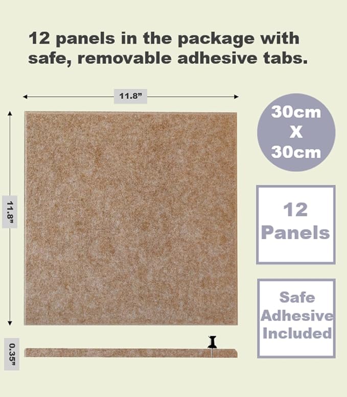 Felt Wall Tiles | Large Cork Board Alternative | Aesthetic Felt Bulletin Board for Office, Home & Classroom | Large Cork Boards for Walls Pinboard (12-Pack) | Suntan
