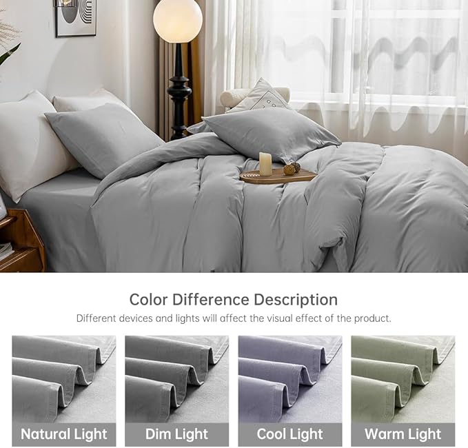 JELLYMONI Cotton Duvet Cover Queen Size - 100% Washed Cotton Linen Like Textured Comforter Cover, 3 Pieces Breathable Soft Bedding Set with Zipper Closure (Light Gray, Queen 90"x90")