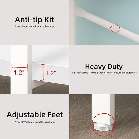 HSH 4 Tier White Bookshelf, Modern 4 Shelf Etagere Bookcase, Industrial Wood and Metal Storage Shelves and Display Book Rack, Farmhouse Open Wide Book Shelf for Bedroom Living Room Office, White Oak