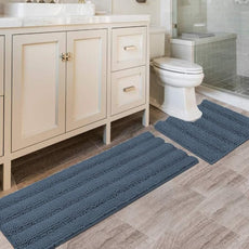 H.VERSAILTEX Bathroom Rug Sets 2 Piece Bath Mats Non Slip Thick Soft Chenille Striped Bath Rug achine Washable Shower Floor Rugs for Tub, Shower and Floor (Blue Indigo, 47