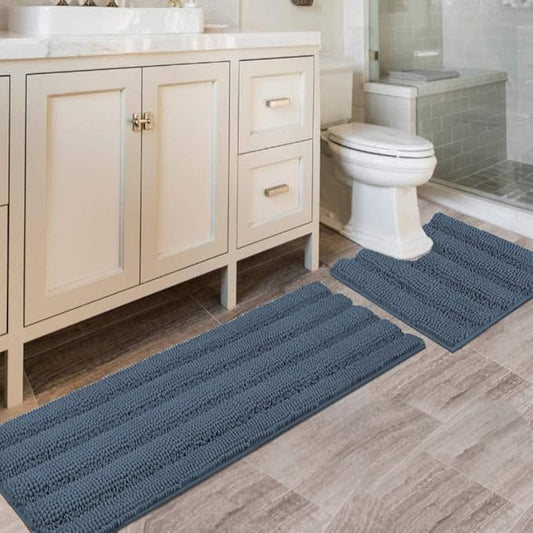 H.VERSAILTEX Bathroom Rug Sets 2 Piece Bath Mats Non Slip Thick Soft Chenille Striped Bath Rug achine Washable Shower Floor Rugs for Tub, Shower and Floor (Blue Indigo, 47"x17" Plus 20"x20" U)