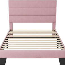 Allewie Twin Size Platform Bed Frame with Velvet Upholstered Headboard and Wooden Slats Support, Fully Upholstered Mattress Foundation/No Box Spring Needed/Easy Assembly, Pink