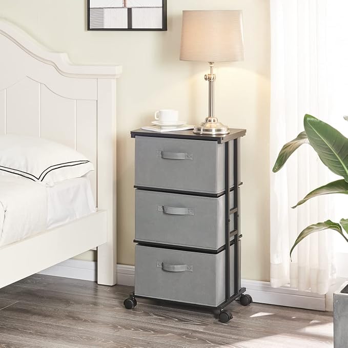 MAX Houser Dresser Tower with 3 Drawers for Bedroom, Fabric Storage Organizer Unit, Chest of Drawers with with WoodTop, Small Vertical Storage for Guest Room, Closet, Entryway, Nursery (Grey)