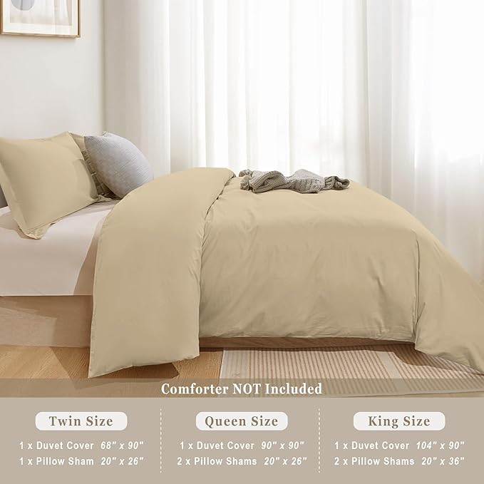 100-Percent Cotton Duvet Cover Set, Hidden Zipper Closure, Ultra Soft, Easy Care and Durable, Simple Bedding Style, Queen, Khaki (Comforter Not Included)