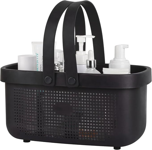 JiatuA Plastic Storage Basket with Handle Portable Shower Caddy Tote Organizer Basket Bin for Bathroom Kitchen Dorm Room Bedroom, Black