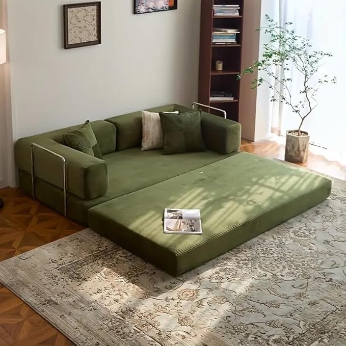 98.4" Convertible Sofa Bed - Compression Sofa with Corduroy Fabric - with Armrests and Backrest - Modular Sectional for Living Room, Bedroom, Studio - Compression Sofa in Box (Green)