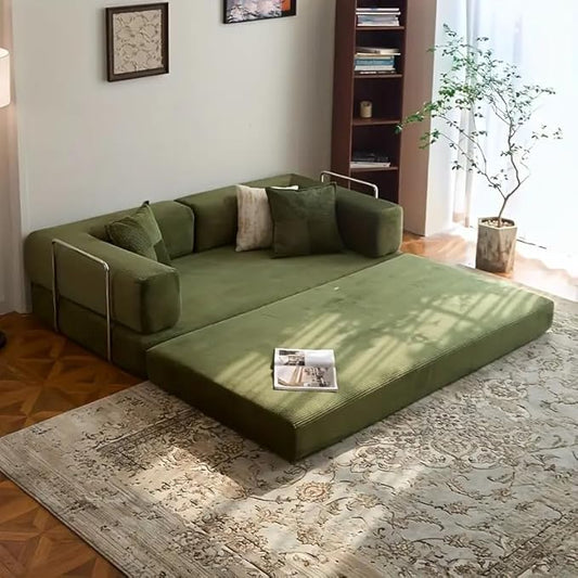 98.4" Convertible Sofa Bed - Compression Sofa with Corduroy Fabric - with Armrests and Backrest - Modular Sectional for Living Room, Bedroom, Studio - Compression Sofa in Box (Green)