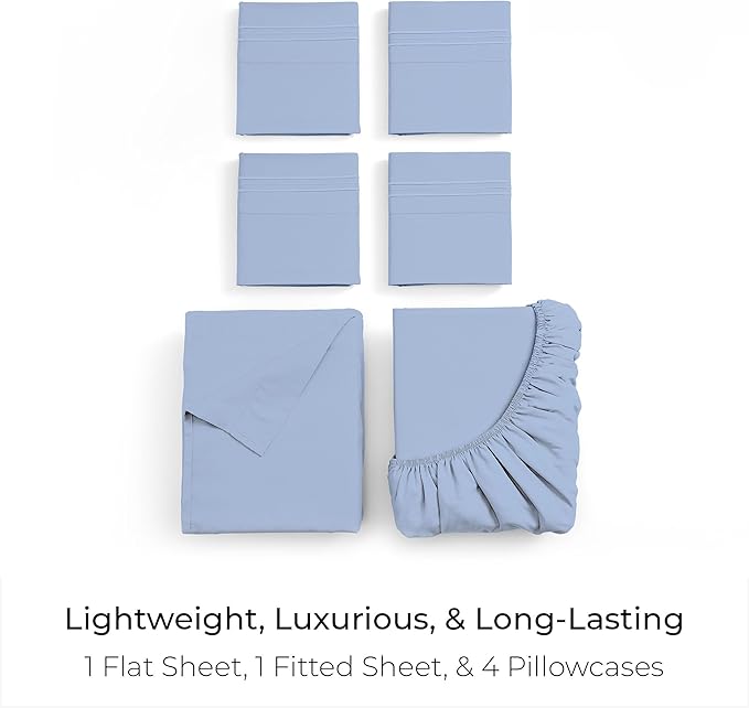 Mellanni Queen Sheet Set - 6-Piece Iconic Collection Bedding, (Including 4 Pillowcases), 21-Inch Extra Deep Pocket, Easy Care, Ultra Soft, Cooling Sheets, Brushed Microfiber - Sky Blue