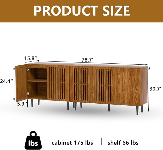 CHUWELL Farmhouse TV Stand, 78.7" Storage Cabinet with 5 DIY Doors and Adjustable Shelf, Sideboard Coffee Bar Cabinet with Solid Wood Feet for Kitchen,Dining Room,Living Room,Brown