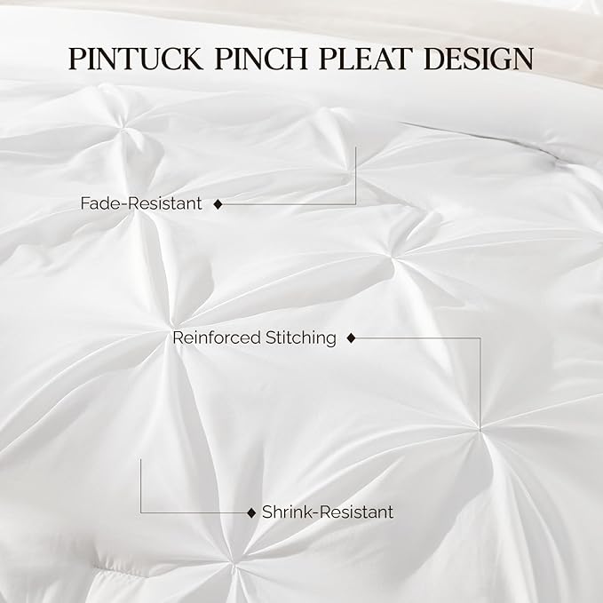Andency White Queen Comforter Set(90x90Inch), 3 Pieces Cute Pinch Pleat Bedding Comforters & Sets for Queen Bed, Soft Lightweight Fluffy Down Alternative All Season Bed Set