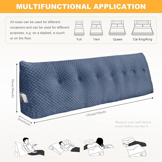 Large Triangular Headboard Wedge Pillow Soft and Supportive Headboard Backrest Positioning Support Bolster Cushion, Bed Wedge Pillow with Removable Cover(Dark Blue,King,76x8x20inch)