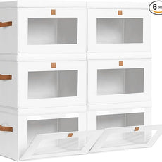 Large Clothing Storage Bins - Collapsible Boxes with Handles & Window, Decorative Organizer Bins with Lids, Fabric Containers for Living Room, Dorm, 6 Pack, White