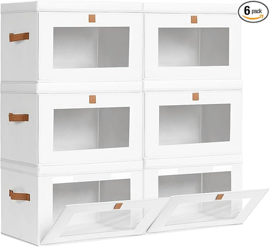 Large Clothing Storage Bins - Collapsible Boxes with Handles & Window, Decorative Organizer Bins with Lids, Fabric Containers for Living Room, Dorm, 6 Pack, White