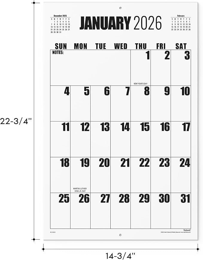 Wall Calendar 2026, Nekmit Calendar 2026 from January 2026 - December 2026, 22 3/4" x 14 3/4", Large Print Big Grid Wall Calendar, Perfect for Organizing & Planning
