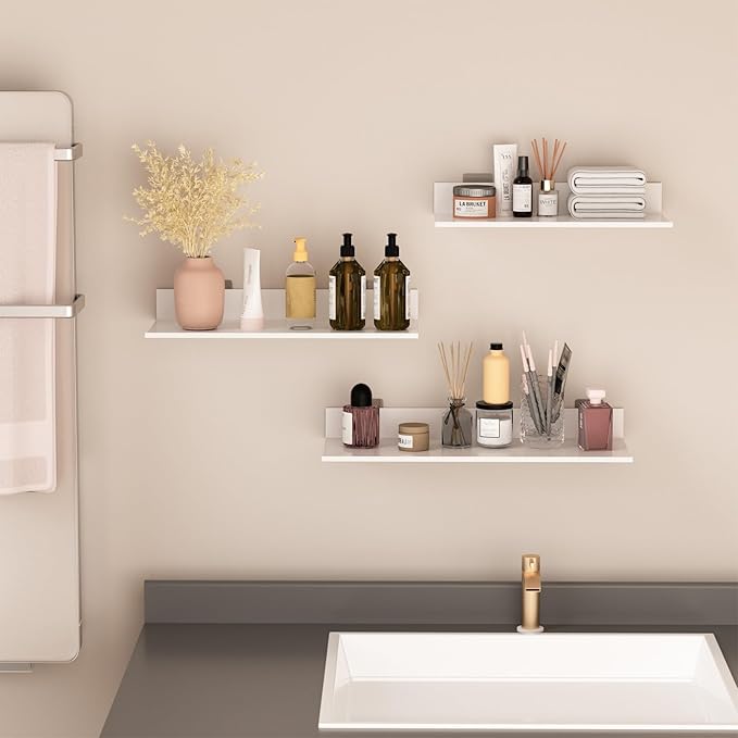 White Floating Wall Shelves for Bedroom, Modern Bathroom Shelves Wall Mounted No Drilling Set of 3, Metal Small Decor Floating Shelf for Living Room Office