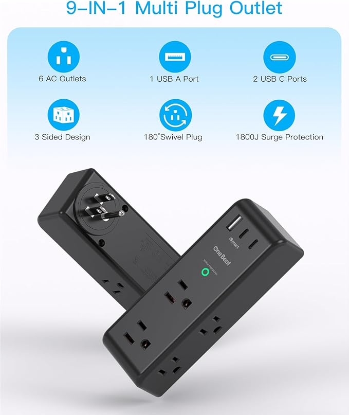 Surge Protector Outlet Extender with Rotating Plug, 6 AC Multi Plug Outlet with 3 USB Ports (2 USB C), 1800 Joules, 3-Sided Swivel Power Strip with Spaced Outlet Splitter for Home, Office, Dorm, Black