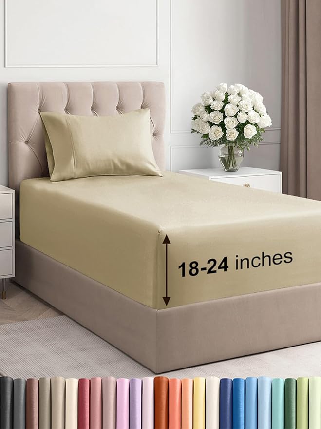 Extra Deep Pocket Twin XL Sheets - 3 Piece Breathable & Cooling Bed Sheets - Hotel Luxury Bed Sheet Set - Soft, Wrinkle Free & Comfy - Easily Fits Extra Deep Mattresses - Deep Pocket Beige Sheets Set