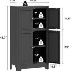 Black Bathroom Floor Cabinet, Metal Storage Cabinets with 4 Doors & 2 Adjustable Shelves, Freestanding Sideboard for Dining Room,Living Room, Home Office