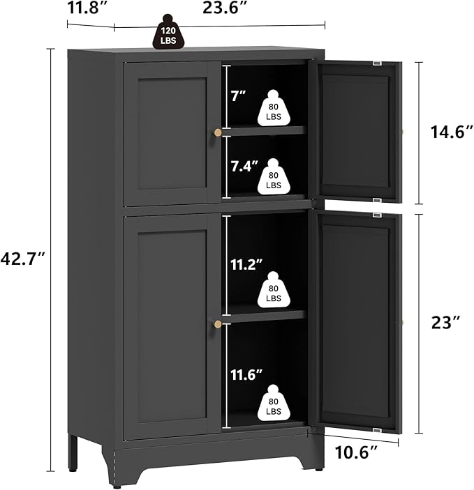 Black Bathroom Floor Cabinet, Metal Storage Cabinets with 4 Doors & 2 Adjustable Shelves, Freestanding Sideboard for Dining Room,Living Room, Home Office