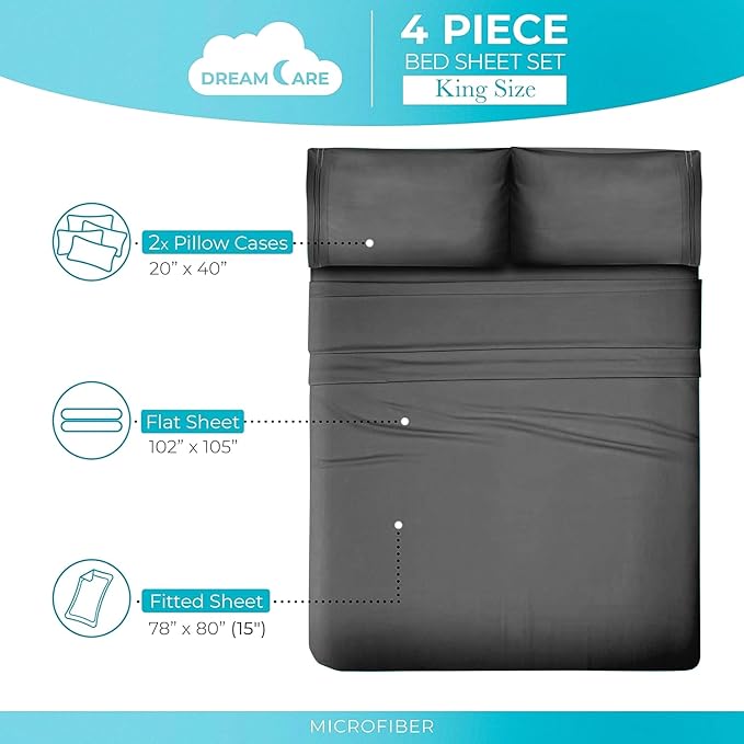 DREAMCARE King Size Sheets Set - Cooling Bed Sheets - 4pcs Set - up to 15" Deep Pocket King Sheet Set – Soft & Long Lasting Cooling - 100% Fine Brushed Polyester with Side Pocket - Dark Gray DREAMCARE