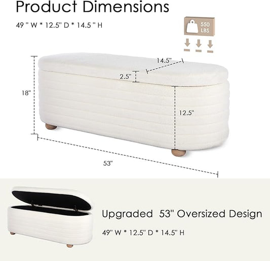 53" Storage Bench Teddy Ottoman Bench Upholstered Fabric Bench End of Bed Stool with Safety Hinge for Bedroom, Living Room, Entryway, White