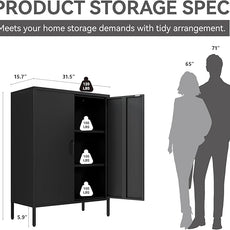 Metal Locker Cabinet, Black Storage Cabinets with 2 Doors and Adjustable Shelves, 3 Tier Modern Storage Freestanding Sideboard for Living Room,School,Office Home Kitchen and Coffee Bar