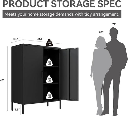 Metal Locker Cabinet, Black Storage Cabinets with 2 Doors and Adjustable Shelves, 3 Tier Modern Storage Freestanding Sideboard for Living Room,School,Office Home Kitchen and Coffee Bar