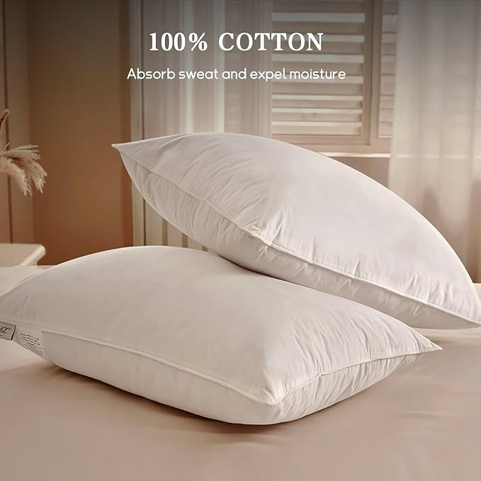 BHZ Down Feather Standard/Queen Pillows Set of 2 Pack, Luxury Hotel Collection Goose Bed Pillows for Sleeping Firm Soft Support for Side, Back, Stomach Sleepers for College Dorm Essentials, White