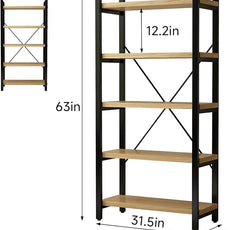 Real Solid Wood Bookshelf Shelves Rustic Vintage Industrial Etagere Bookshelf, Metal & Timber Free Vintage Bookcase, (Genuine Timber) (5-Tiers-Real Wood)