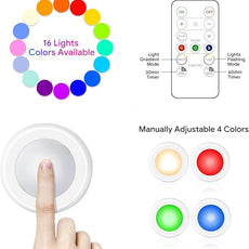 Yiliaw 3 Pack LED Puck Lights Remote Control 16 Color Changeable Under Cabinet Lights, Battery Operated Lights Night Light with Dimmer & Timmer for Closet Bedroom Kitchen, White