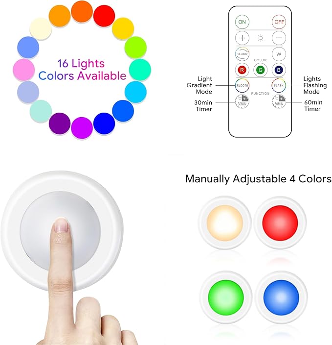 Yiliaw 3 Pack LED Puck Lights Remote Control 16 Color Changeable Under Cabinet Lights, Battery Operated Lights Night Light with Dimmer & Timmer for Closet Bedroom Kitchen, White