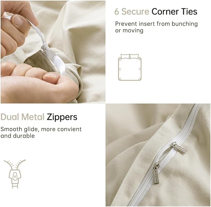 JELLYMONI Cotton Duvet Cover Twin Size - 100% Washed Cotton Linen Feel Textured Comforter Cover, 2 Pieces Breathable Soft Bedding Set with Zipper Closure (Light Khaki, Twin 68"x90")