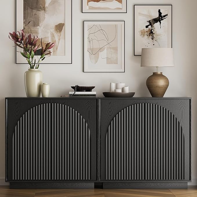 win2win Fluted Sideboard Buffet Cabinet with Storage, 31.5" Modern Accent Cabinet with Double-Layered Arch Doors, Small Wood Console Credenza for Living Room, Dining Room, Entryway, Black, 2PCS