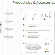 Corner Shower Caddy Tension Pole, 4 Tiers Rotating Shower Organizer for Bathroom Shelf Bathtub, Adjustable Standing Shower Rack Bathroom Accessories, Easily Assemble, 34-124 Inch Height,White