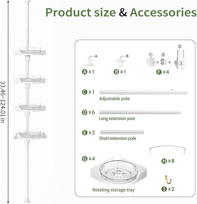 Corner Shower Caddy Tension Pole, 4 Tiers Rotating Shower Organizer for Bathroom Shelf Bathtub, Adjustable Standing Shower Rack Bathroom Accessories, Easily Assemble, 34-124 Inch Height,White
