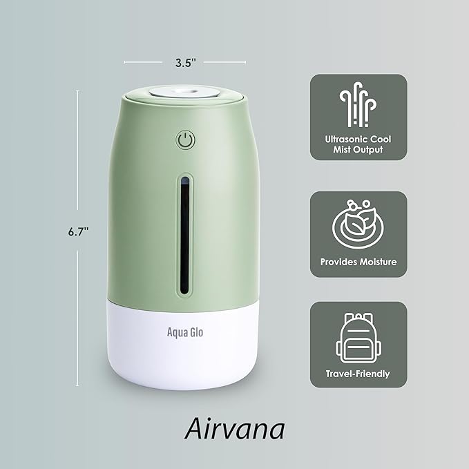 Aqua Glo Personal, Portable Humidifiers for Bedroom – Ultrasonic Cool Mist Humidifier with Built In Rechargeable Battery. Air Humidifier for Baby, Plants, Home, Office, Travel. Mint Green
