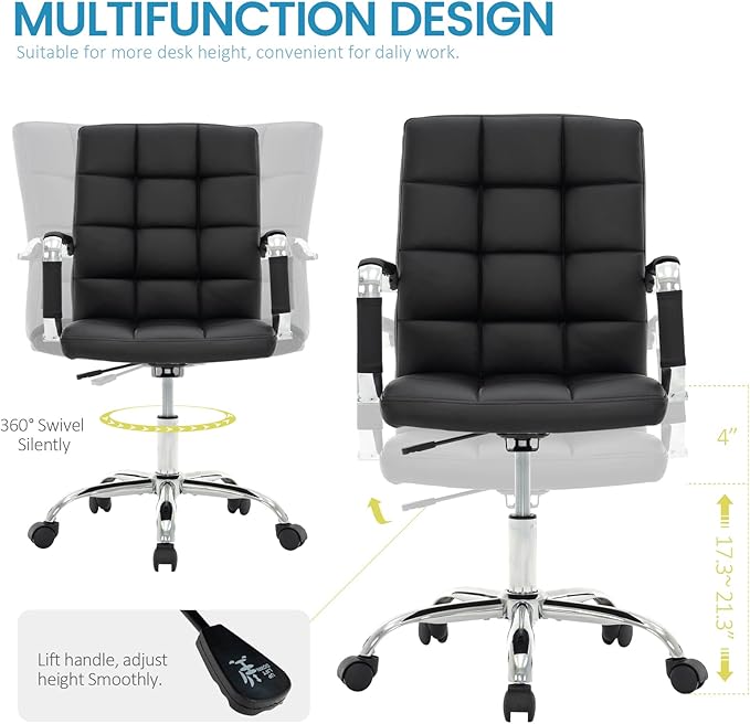 High Back Desk Chair, Modern PU Leather Home Office Task Chair with Arms, Adjustable Swivel Computer Executive Chair with Wheels (Black)