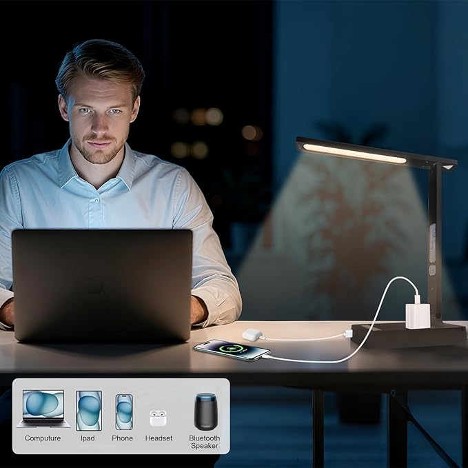 Smart Desk Lamp with Dual USB Charging (Type-C/USB-A) & 2 AC Outlets, Digital Clock, Temperature Display, 5 Color Modes, 5 Brightness, Adjustable - for Office, Bedroom, Dorm Room, Study