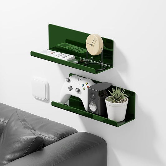 Adhesive Floating Shelves for Wall No Drilling, 12 Inch Acrylic Self Adhesive Shelves, Stick on Shelves, Dorm Wall Shelf, for Bathroom, Kitchen, Bedroom, Office, Gaming Room, Green