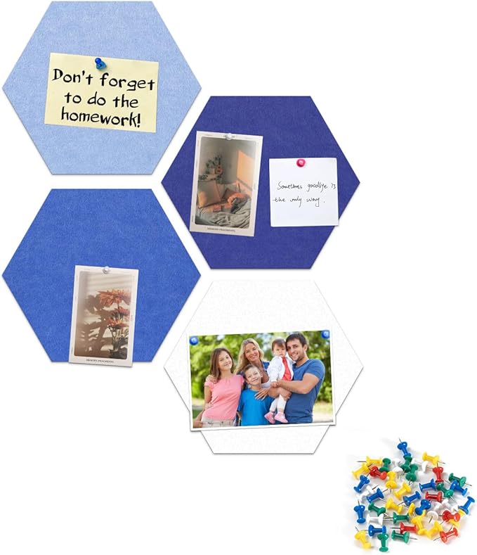 12" Large Bulletin Board with 15 Push Pins, Pack of 4 Hexagon Felt Pin Board Notice Boards for Home Office, Felt Wall Tiles for Photos Memos (Blue)