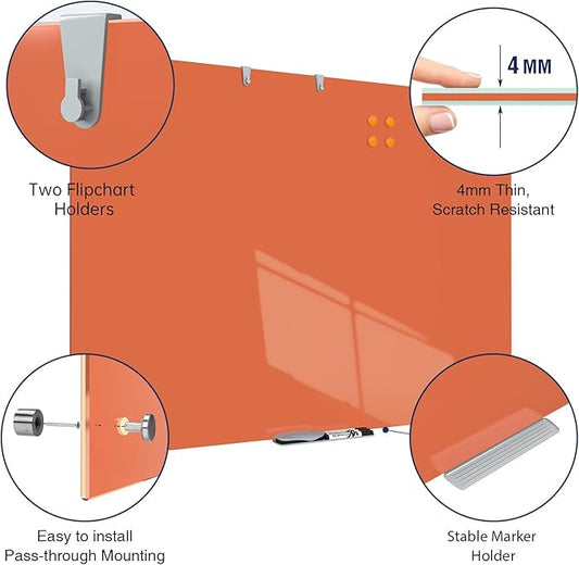 TSJ OFFICE Glass Dry-Erase Board - 48 x 32 Inches Wall Mounted Glass Whiteboard, Large Frameless Magnetic White Board for Office, Home & School, Orange