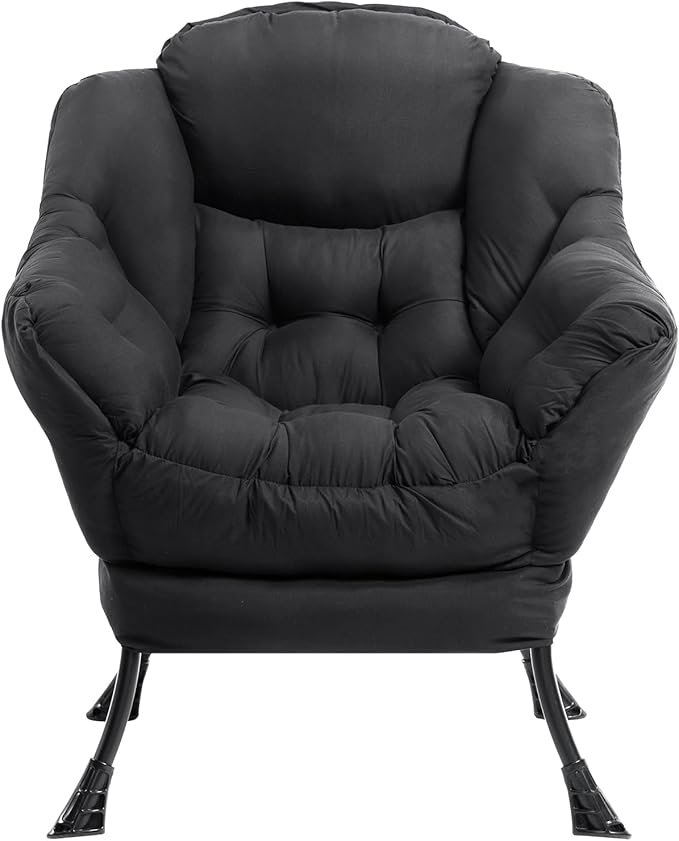 HollyHOME Lazy Chair with Foldable Ottoman, Accent Comfy Lounge Armchair and Folding Footrest Stool, Leisure Sofa Reading Chair and Footstool for Living Room, Bedroom, Dorm,Peachskin Fabric Black