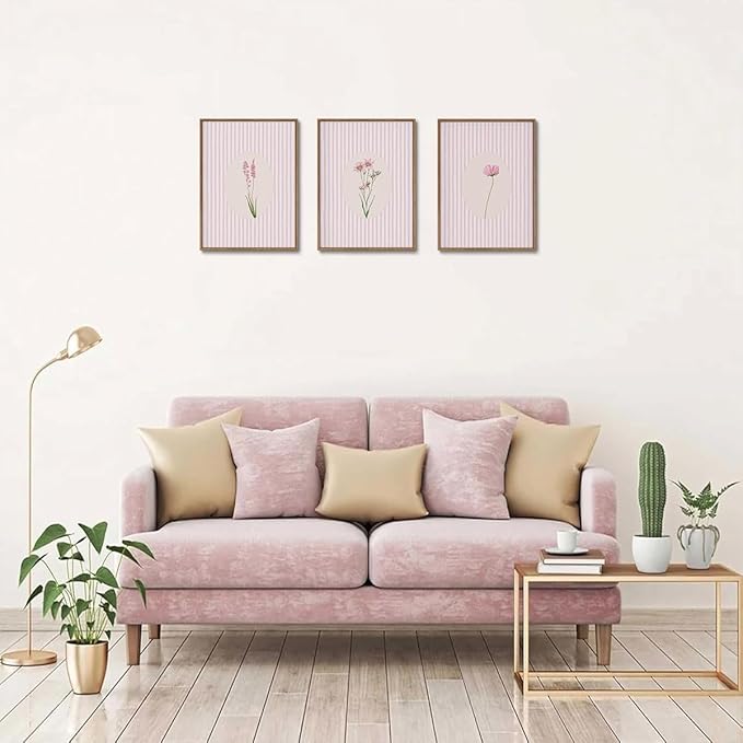 KISSFOX 3 Piece Floral Framed Wall Art Pink Wildflower Canvas Wall Art Flower Pictures Wall Decor Boho Botanical Paintings Poster Wall Decor For Girly Room Bedroom Apartment Dorm Living Room